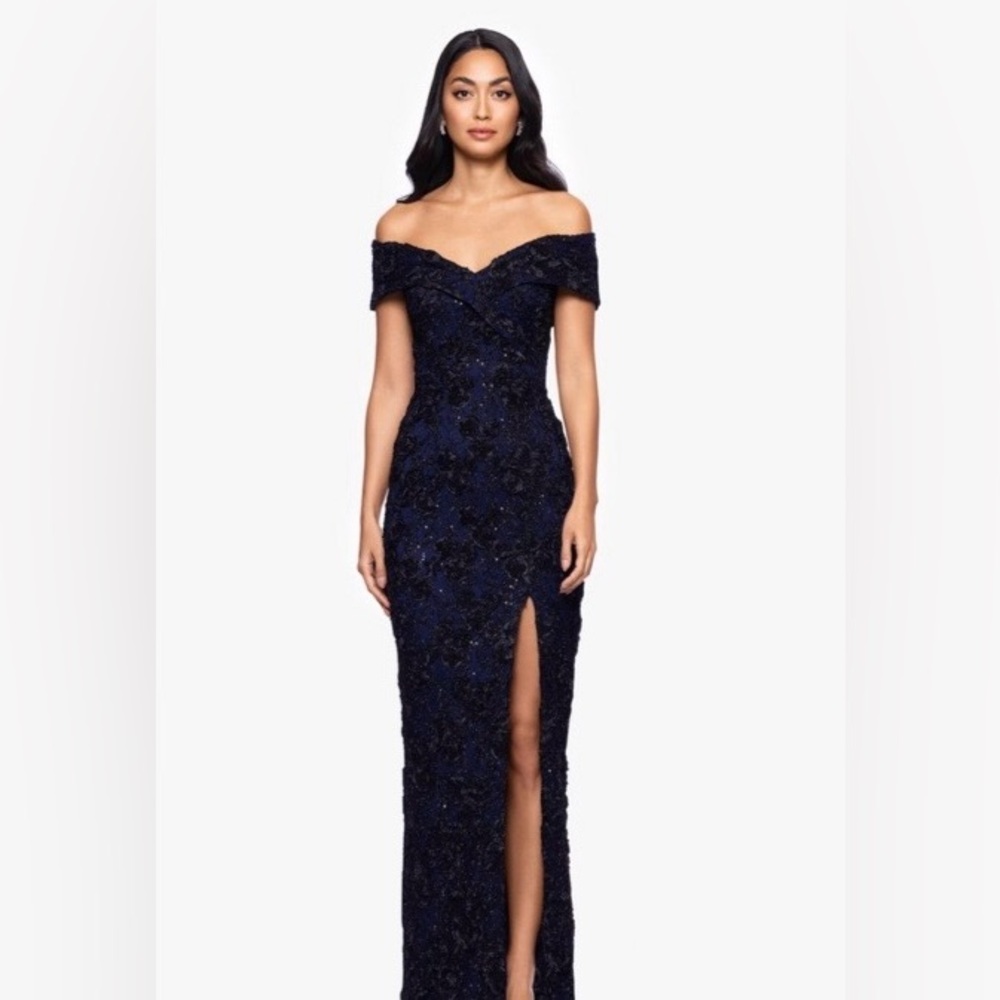 Xscape Navy Blue Off-Shoulder Maxi Dress
